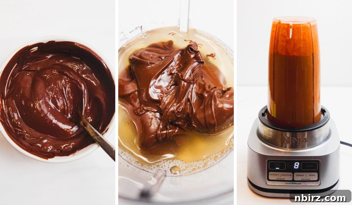 A three-photo collage showing the process of blending ingredients for vegan chocolate protein mousse, emphasizing the smooth consistency.