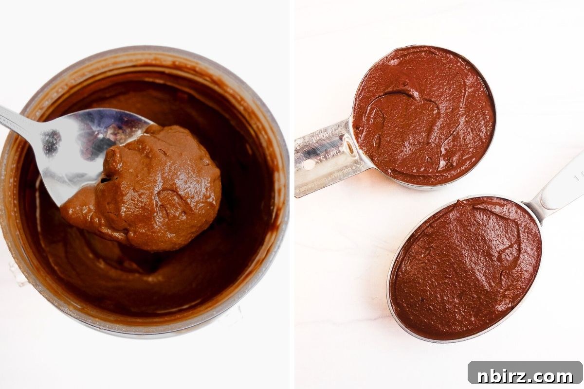 Close-up photos illustrating the ideal smooth and creamy consistency of the finished chocolate mousse.