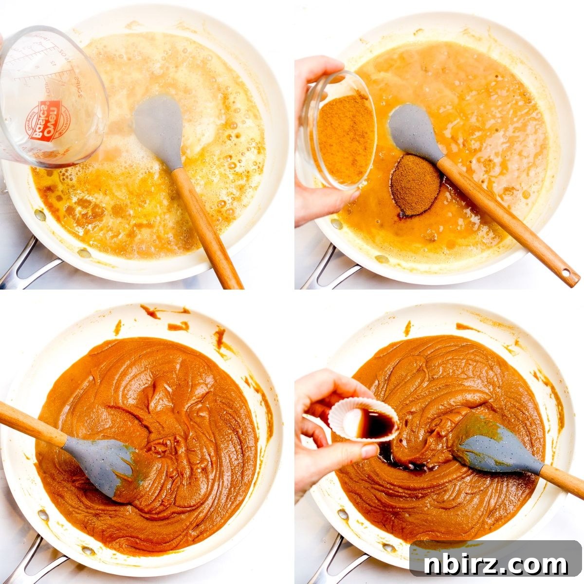 Allergy Friendly Chickpea Butter 3 Four-photo collage showing the process of slowly adding boiling water to the chickpea flour mixture in a skillet, creating a bubbly reaction.