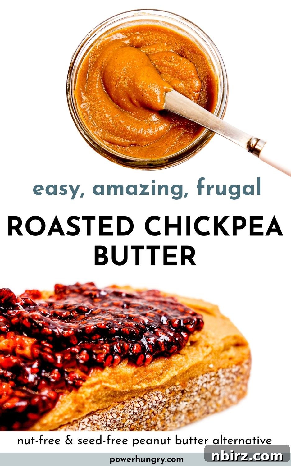 Allergy Friendly Chickpea Butter 4 Two-photo pin collage for roasted chickpea butter: one showing bread with the butter, and another of the jar.