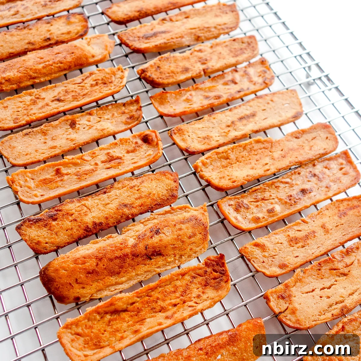 Crispy Soy-Free Lentil Bacon 4 Cooked lentil bacon strips neatly arranged on a cooling rack.
