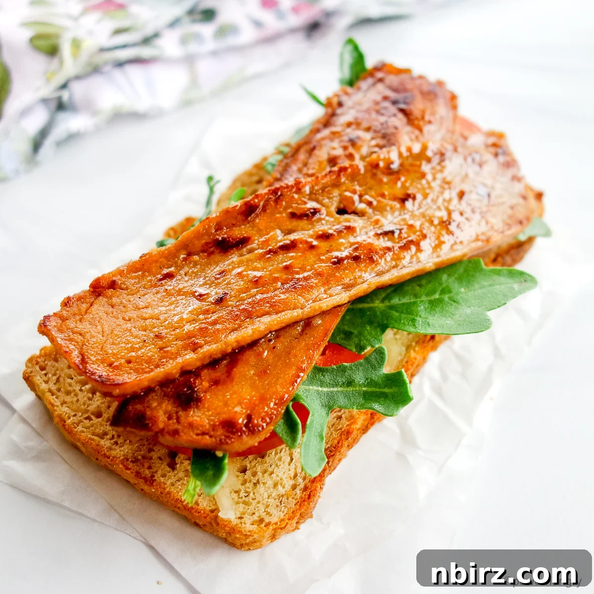 Crispy Soy-Free Lentil Bacon 7 A beautifully presented vegan bacon sandwich, showcasing the plant-based ingredients.