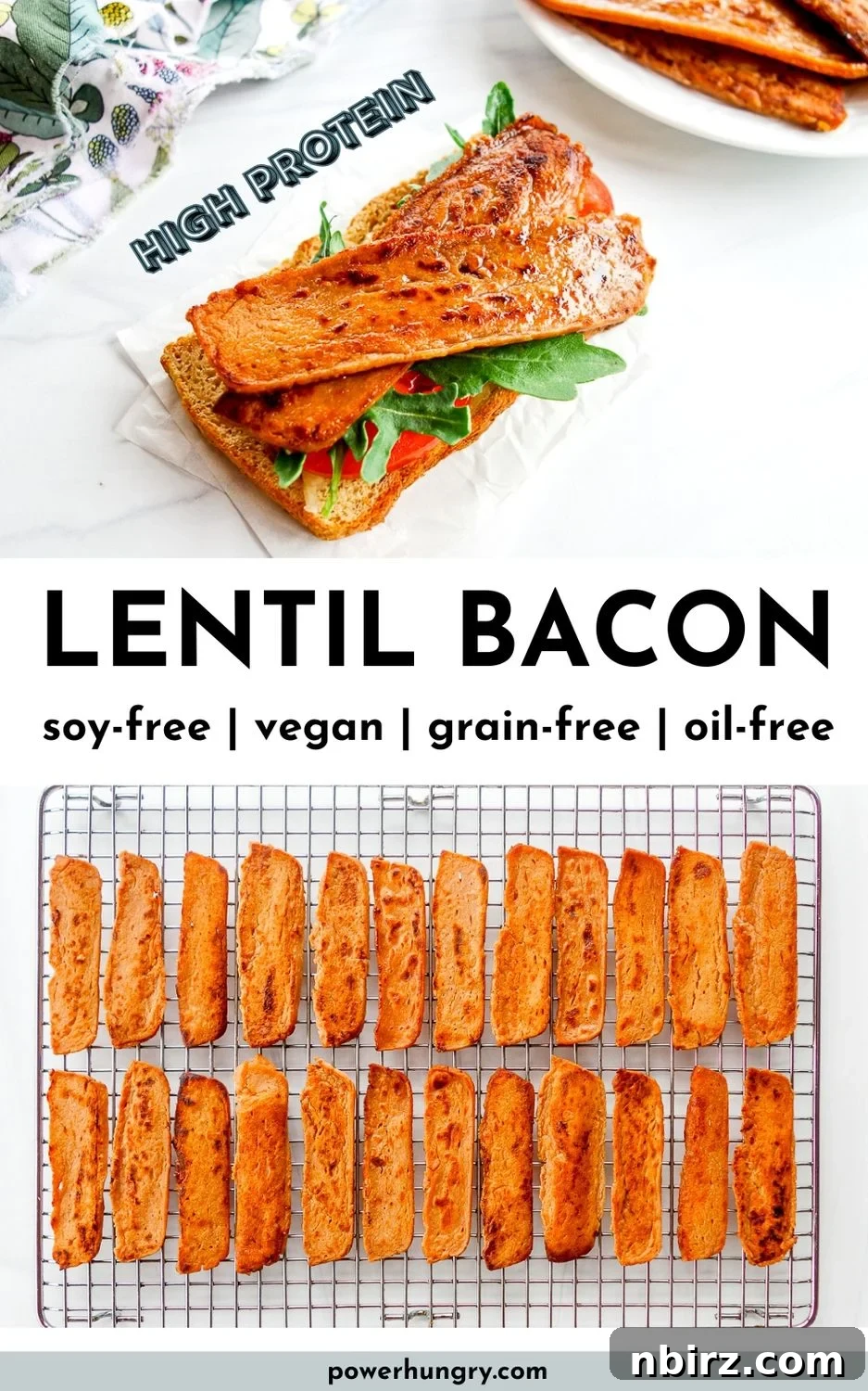 Crispy Soy-Free Lentil Bacon 9 A two-photo collage showcasing the delicious versatility of lentil bacon strips.