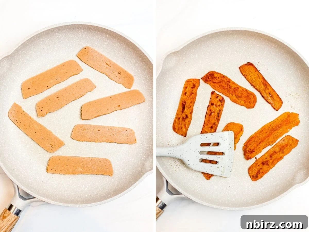 Crispy Soy-Free Lentil Bacon 3 Two-photo collage depicting lentil bacon strips cooking in a nonstick ceramic pan, browning nicely.