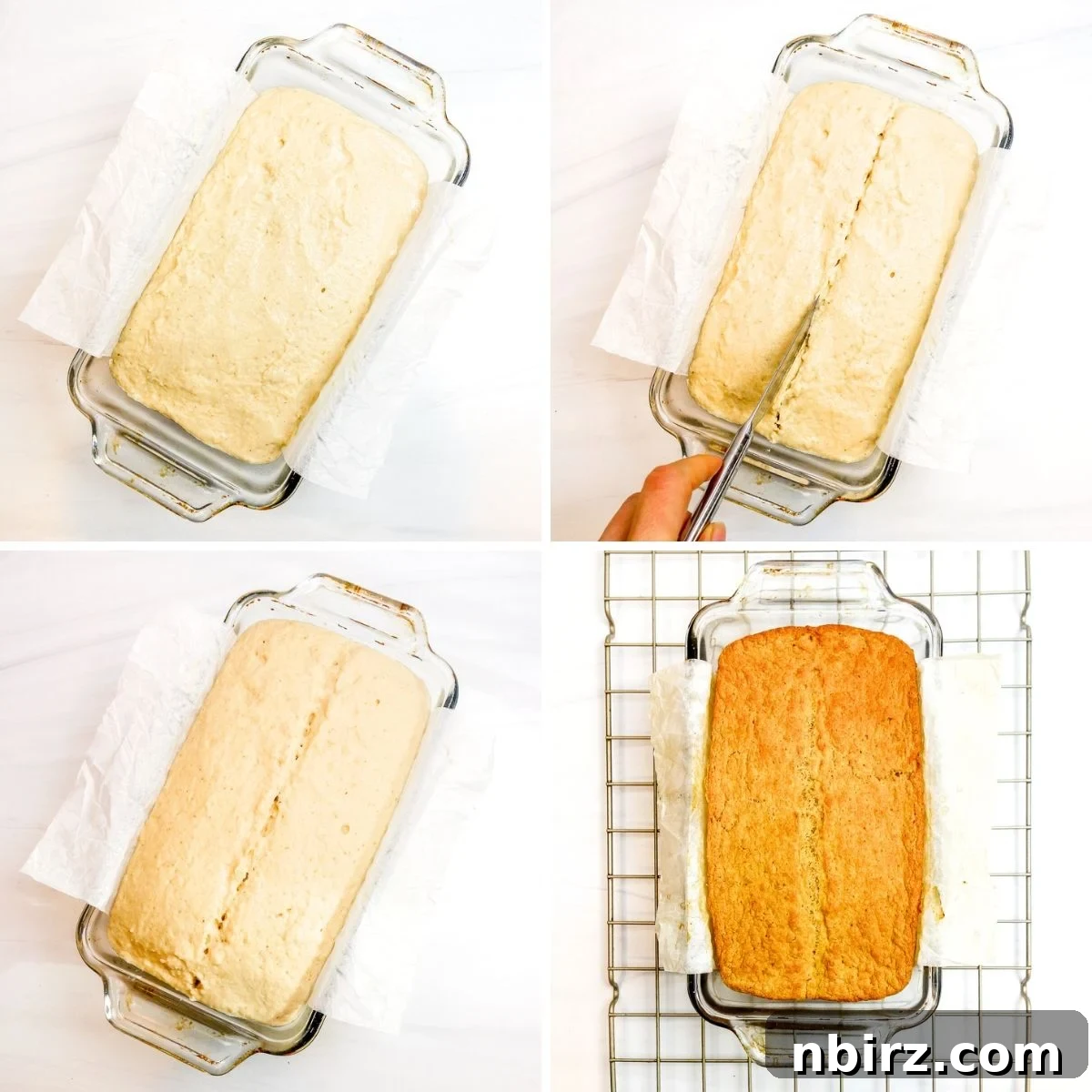 Protein-Packed Bean and Millet Bread Oil-Free Vegan Gluten-Free 3 4 photo collage showing rise of millet protein bread, and bake