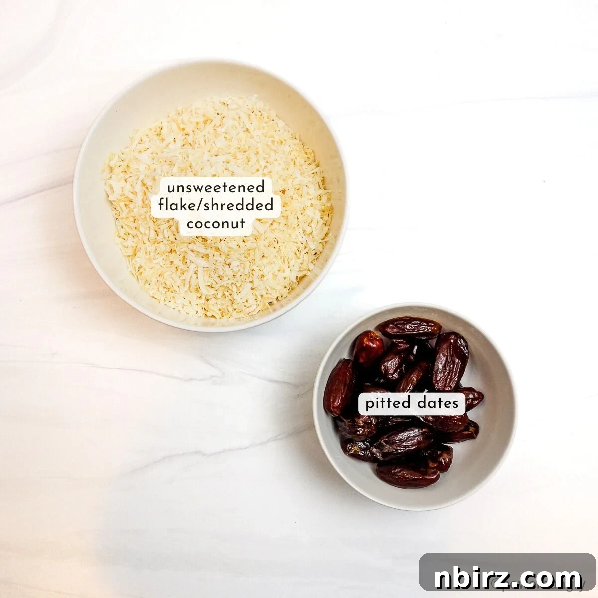 Wholesome Two-Ingredient Coconut Date Bites 4 White bowls, one filled with shredded coconut, the other with pitted dates, ready for baking.