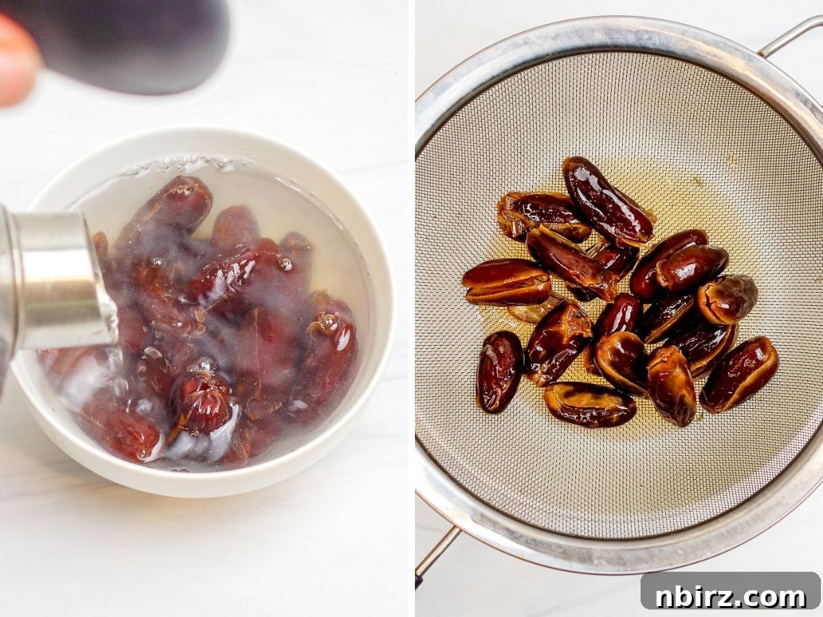 Wholesome Two-Ingredient Coconut Date Bites 5 Two-photo collage showing pitted dates soaking in hot water and then being drained through a sieve.
