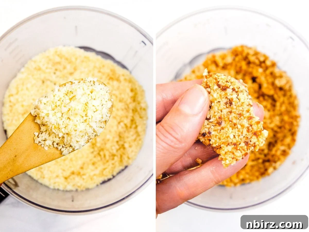 Wholesome Two-Ingredient Coconut Date Bites 6 Two-photo collage showing finely ground coconut and then the blended cookie dough mixture in a food processor.