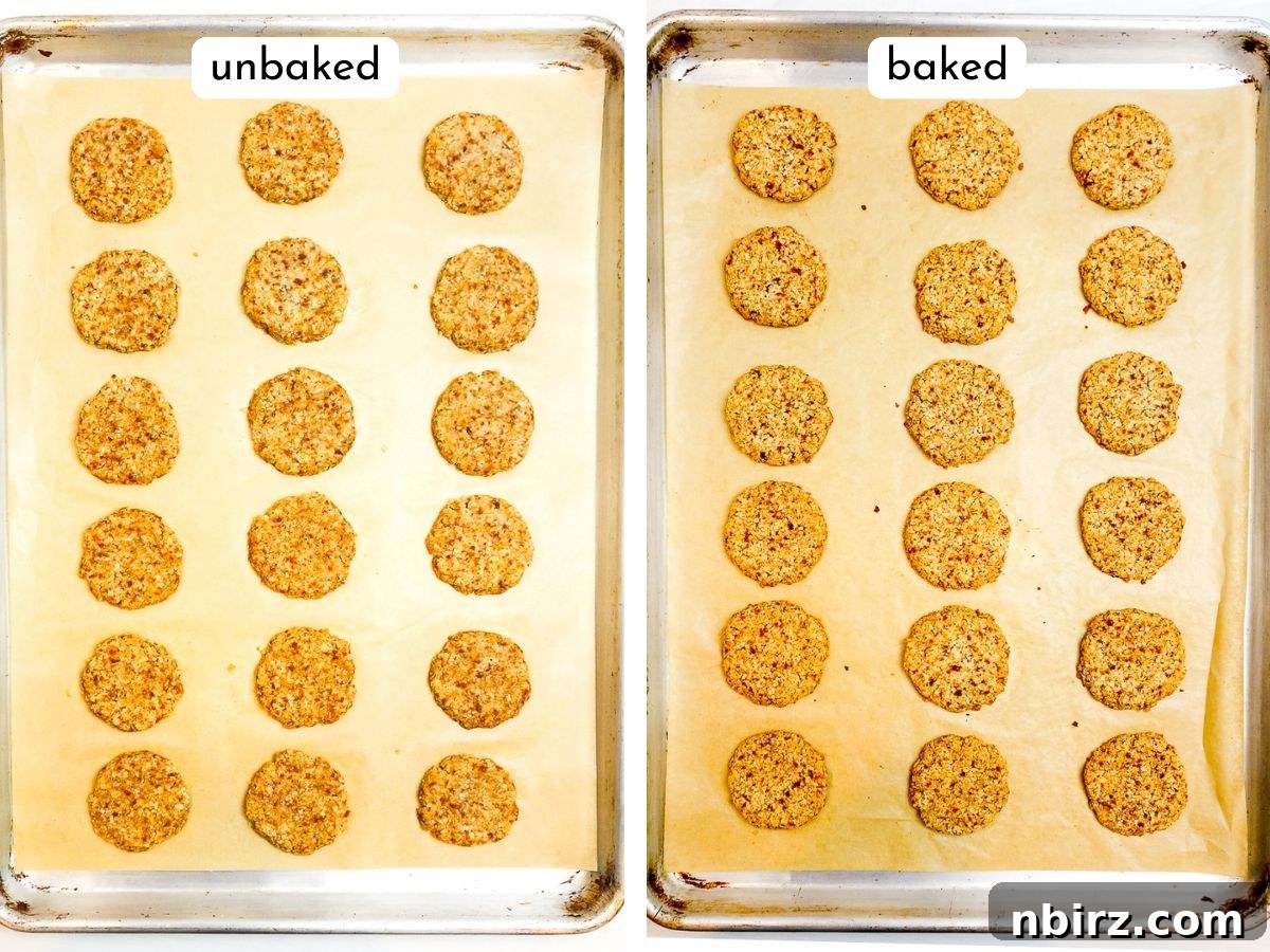 Wholesome Two-Ingredient Coconut Date Bites 7 Before and after photos showing raw cookie dough on a baking sheet and then the same cookies baked to a golden brown.