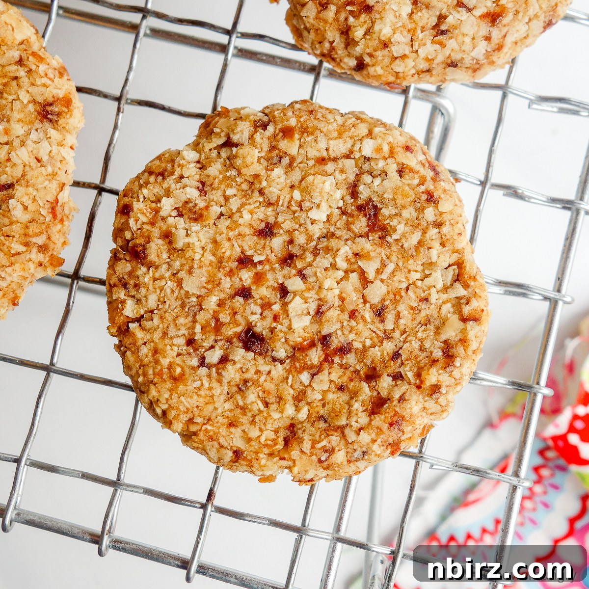 Wholesome Two-Ingredient Coconut Date Bites 8 A single coconut date cookie resting on a cooling rack, showing its perfect texture.