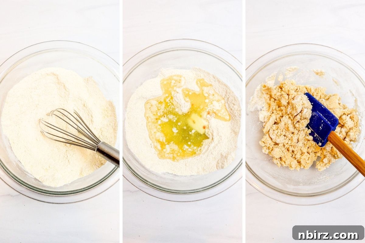 Heavenly Vegan Grain Free Cassava Shortbread Cookies 5 A three-photo collage illustrating the initial stages of making cassava flour shortbread cookie dough: dry ingredients, then wet ingredients added, and finally, the beginning of mixing.