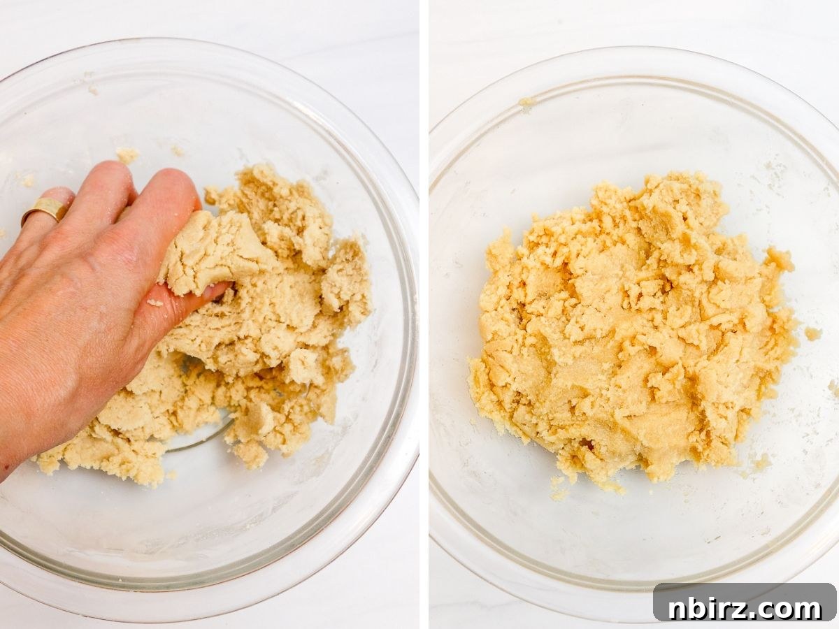 Heavenly Vegan Grain Free Cassava Shortbread Cookies 6 A two-photo collage demonstrating the final stages of forming cassava flour shortbread cookie dough by hand, resulting in a perfectly blended and cohesive mixture.