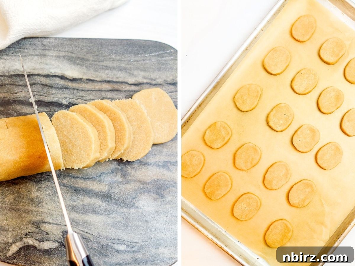 Heavenly Vegan Grain Free Cassava Shortbread Cookies 8 A two-photo collage depicting the meticulous process of slicing chilled cassava flour cookie dough into uniform rounds, ready for baking.