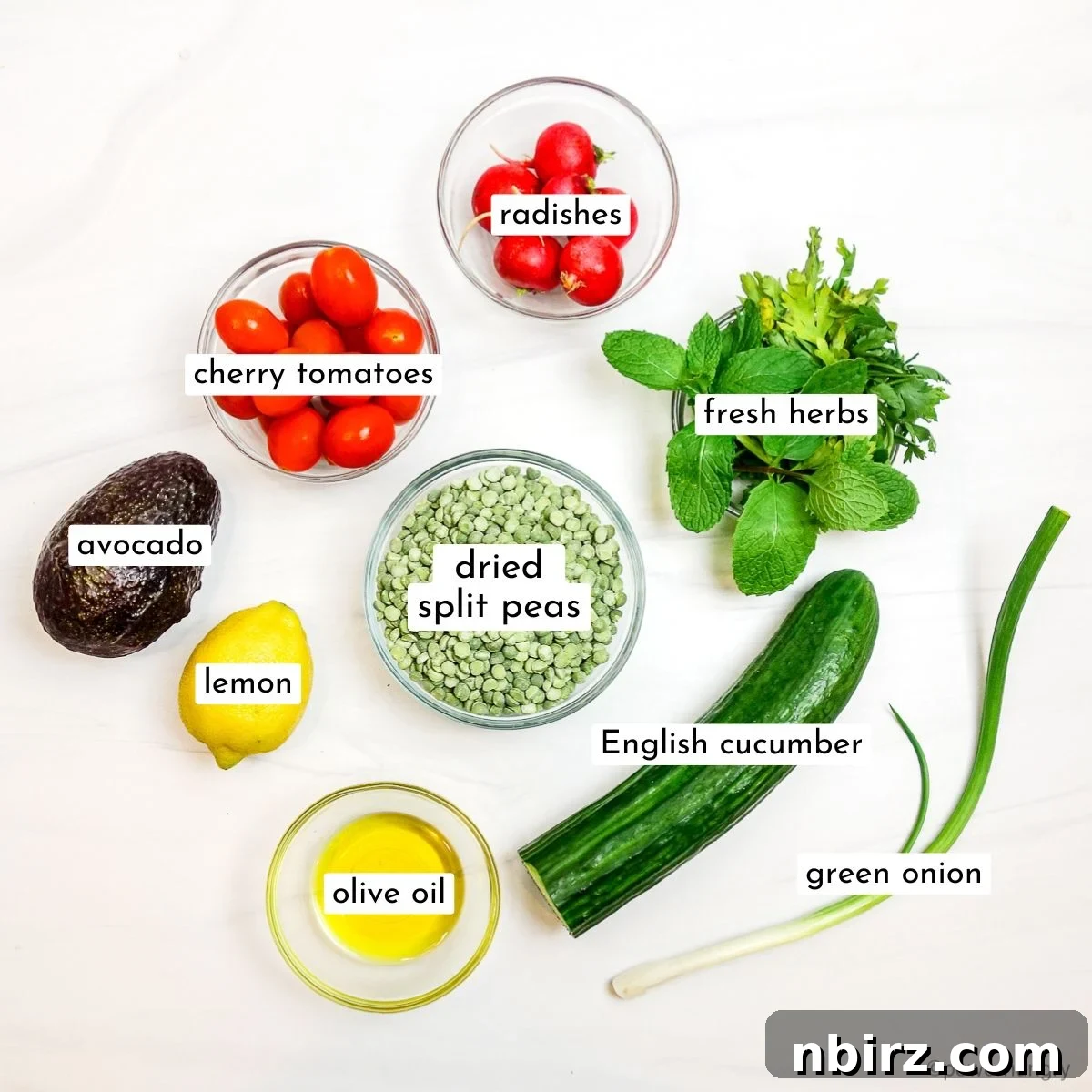 Protein Rich Oil Free Split Pea Salad 4 Assortment of fresh ingredients for split pea salad neatly arranged in small glass bowls, ready for preparation.
