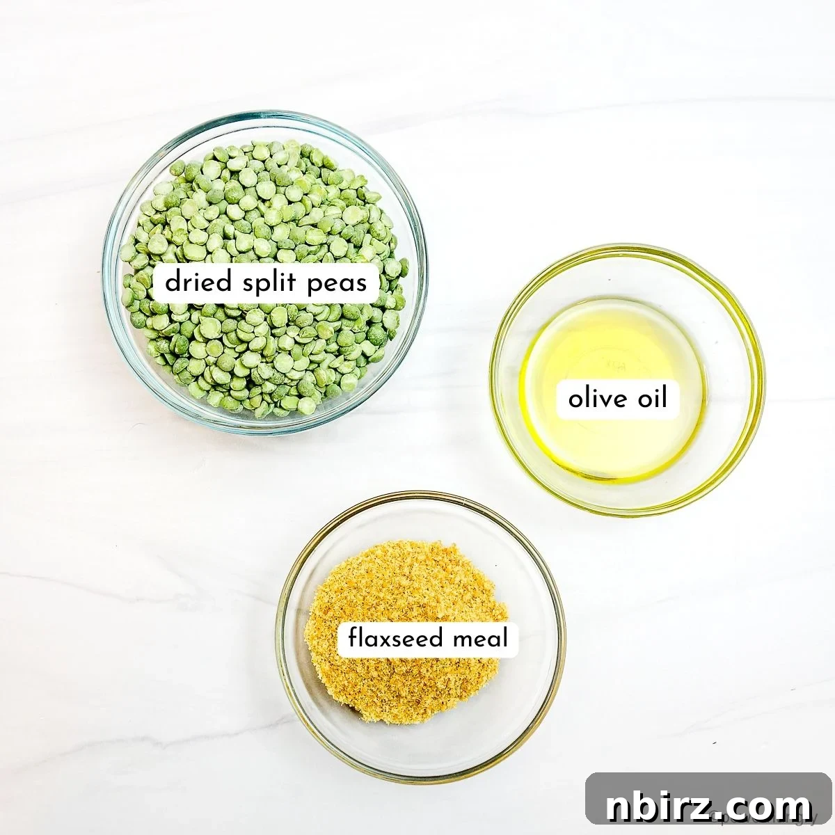 Quick Protein Packed Split Pea Pizza Crust 3 Glass bowls containing dried split peas, flaxseed meal, and olive oil – the three main ingredients for the pizza crust