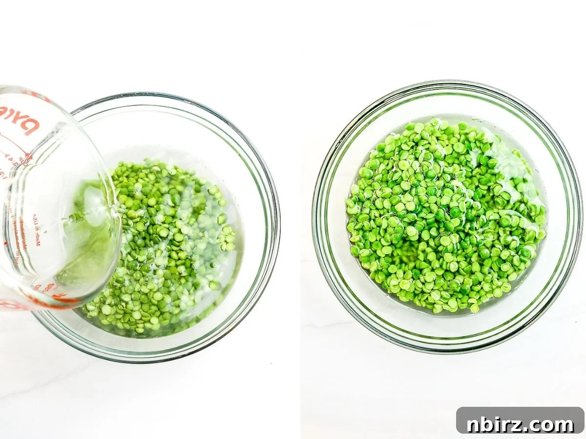 Quick Protein Packed Split Pea Pizza Crust 4 Two-photo collage showing dried green split peas being rinsed and then soaking in a bowl