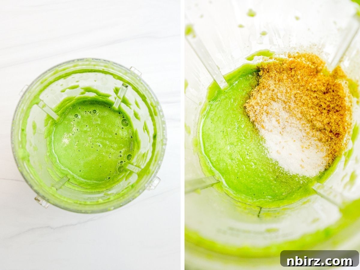 Quick Protein Packed Split Pea Pizza Crust 5 Two-photo collage illustrating the blending process of the split pea pizza crust batter in a high-speed blender