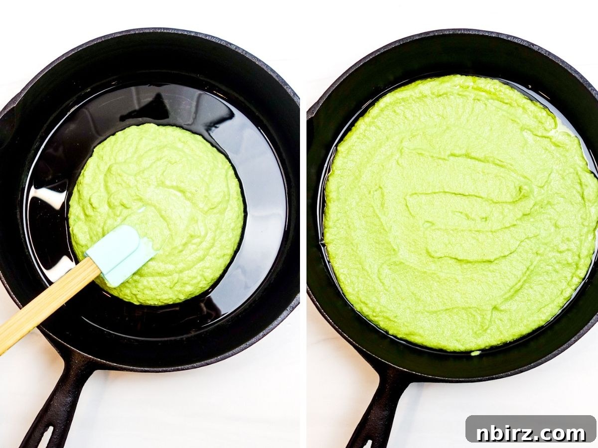 Quick Protein Packed Split Pea Pizza Crust 6 Two-photo collage showing split pea pizza crust batter being carefully added and spread into a hot cast iron skillet
