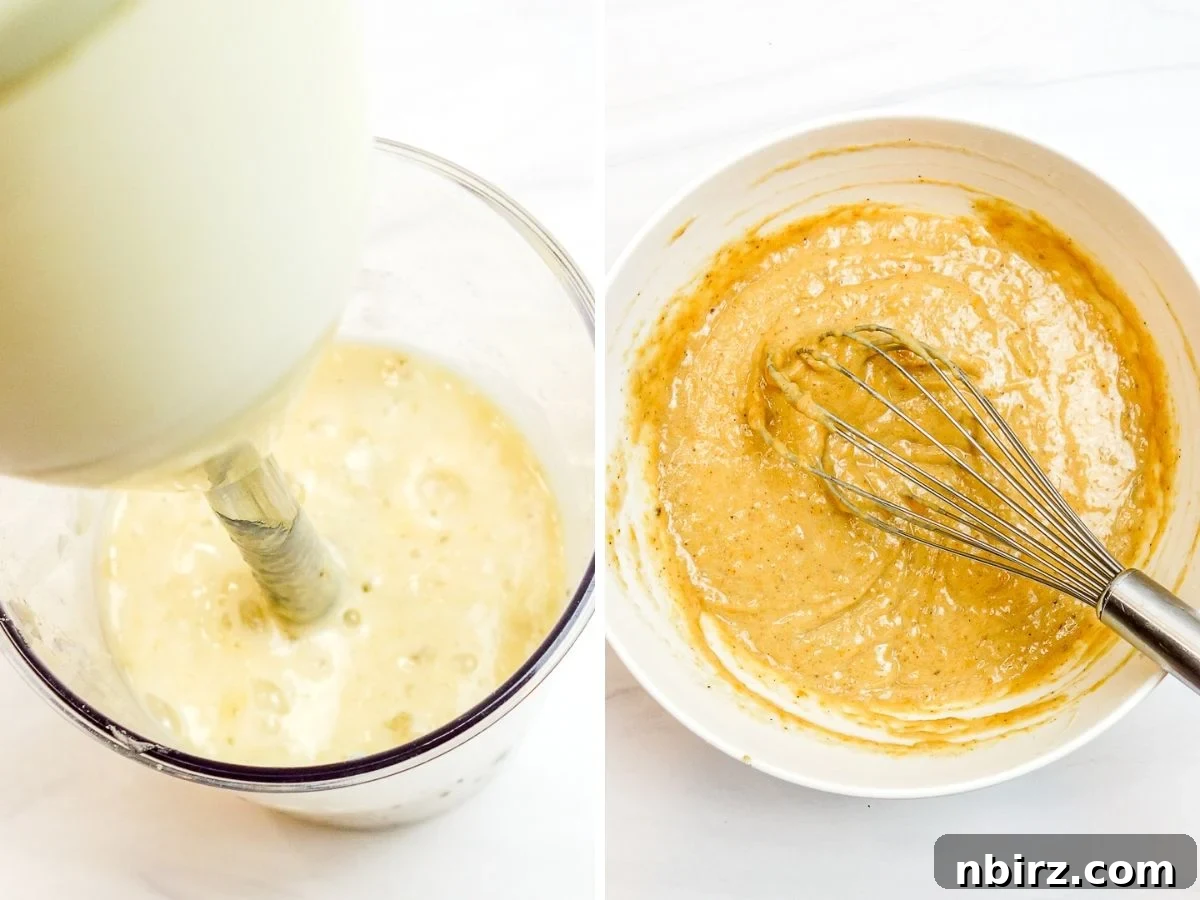 Wholesome Four Ingredient Banana Cassava Muffins 5 a two-photo collage showing the process of blending wet ingredients: first, mashed bananas, then combined with sunflower seed butter