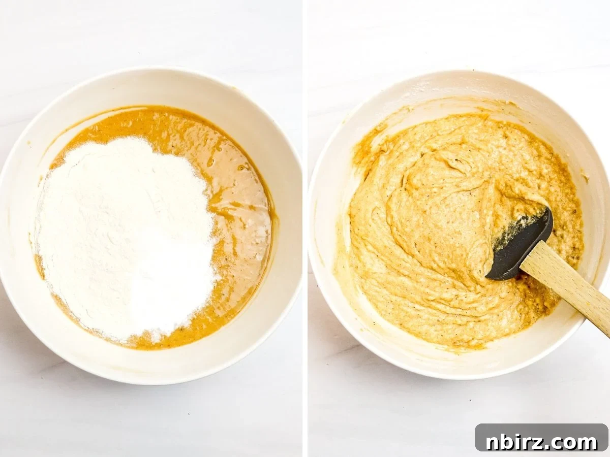 Wholesome Four Ingredient Banana Cassava Muffins 6 a two-photo collage showing dry ingredients being added to a white bowl of wet ingredients, then stirred together