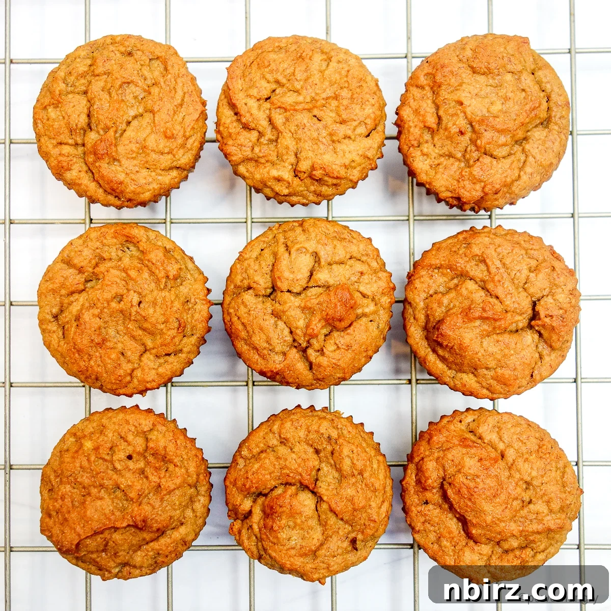 Wholesome Four Ingredient Banana Cassava Muffins 9 an overhead shot of warm banana muffins resting on a gold cooling rack