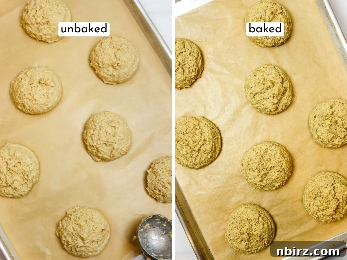 Effortless 4-Ingredient Millet Biscuits: Gluten-Free & Vegan Delight 7 A side-by-side comparison of unbaked and perfectly baked millet biscuits on a baking tray.