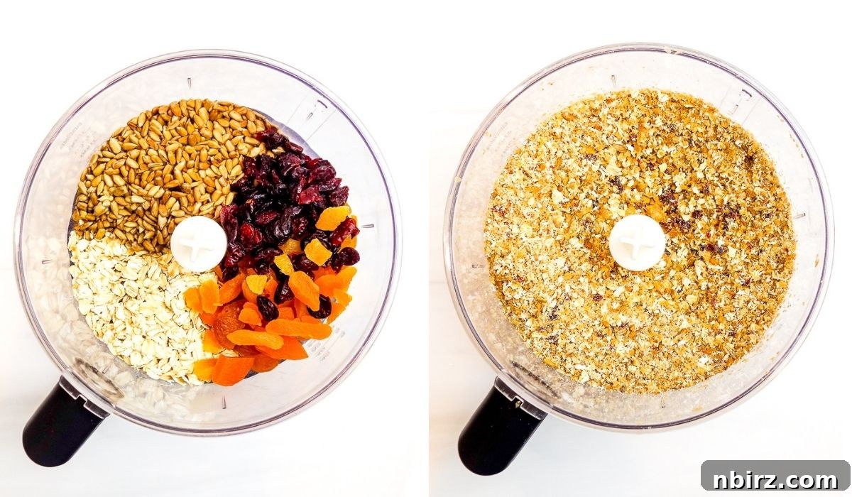 A two-photo collage showing the process of grinding dry ingredients: oats, sunflower seeds, and dried fruit, in a food processor.