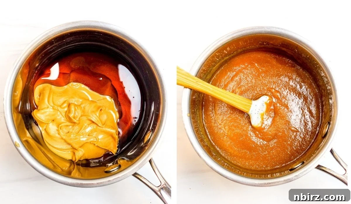 A two-photo collage illustrating the heating of wet ingredients: sunflower seed butter, maple syrup, and water, in a saucepan.