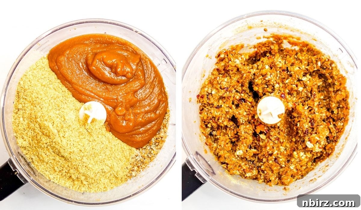 A two-photo collage showing the process of combining wet and dry ingredients in a food processor to form the dough for high protein flax bars.