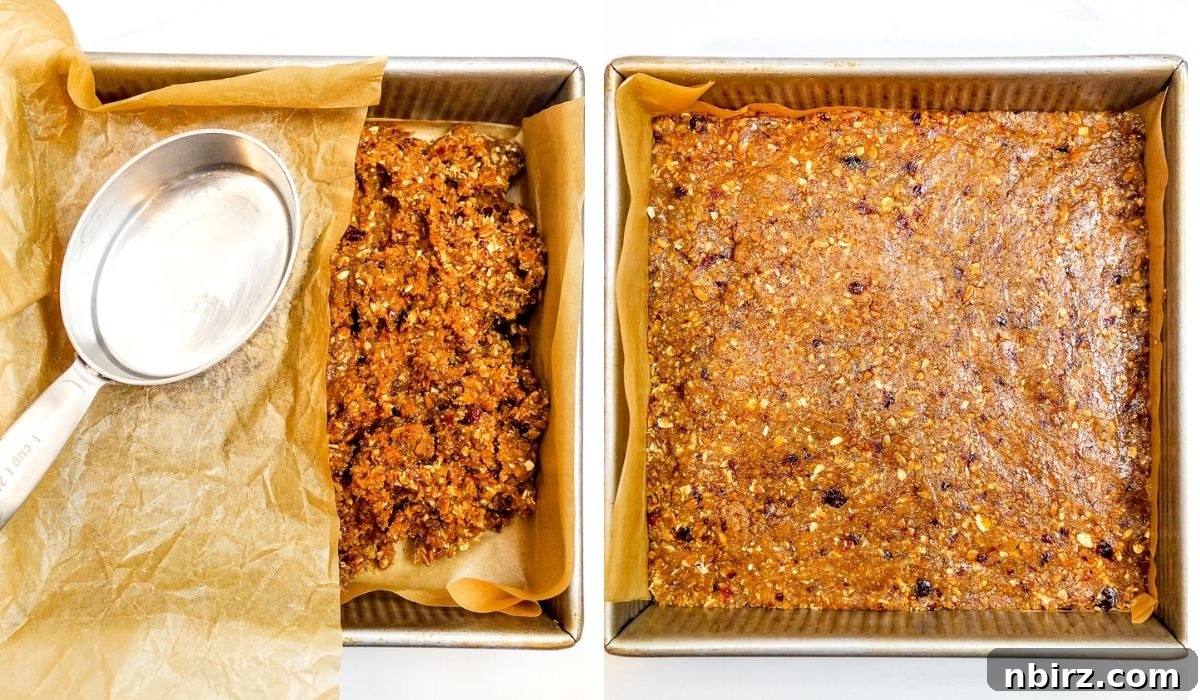 A two-photo collage demonstrating the pressing of the high protein flax bar mixture firmly into a prepared baking pan to create an even layer.