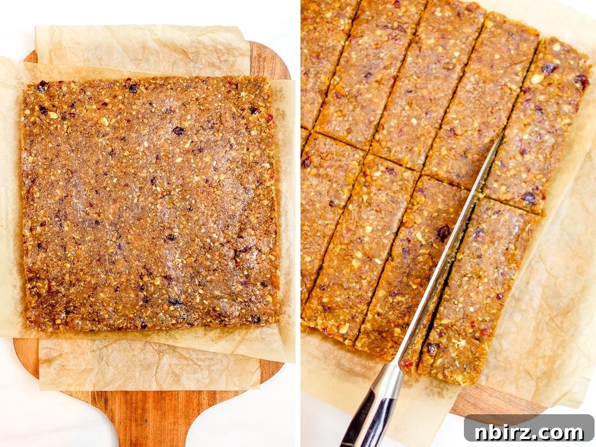 A two-photo collage showing the final steps: chilling the high protein flax bars and then cutting them into 12 equal pieces on a cutting board.