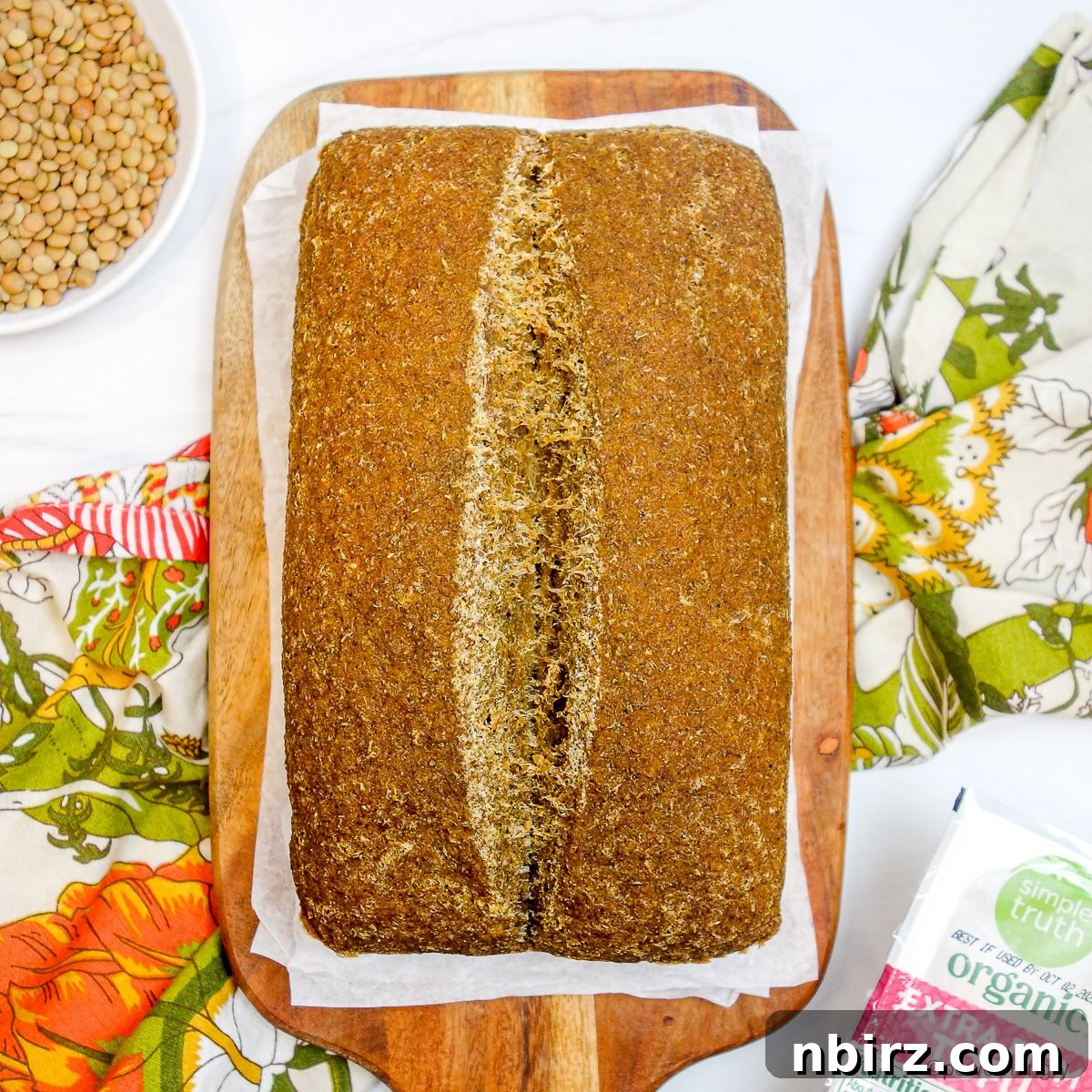 Protein-Packed Four-Ingredient Tofu Lentil Loaf 2 Overhead shot of freshly baked high-protein tofu lentil bread