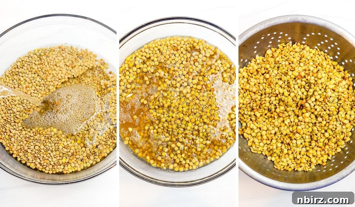 Protein-Packed Four-Ingredient Tofu Lentil Loaf 3 Three-photo collage showing the process of soaking, draining, and rinsing raw lentils