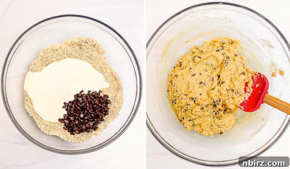 Deliciously Vegan Gluten-Free Almond Protein Cookies 7 Two-photo collage showing the process of combining wet and dry ingredients to form almond flour protein cookie dough.