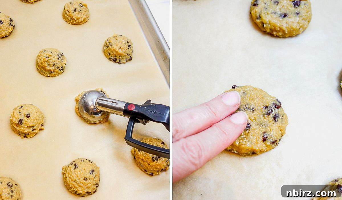 Deliciously Vegan Gluten-Free Almond Protein Cookies 8 Two-photo collage demonstrating the portioning and shaping of protein cookie dough on a baking sheet.