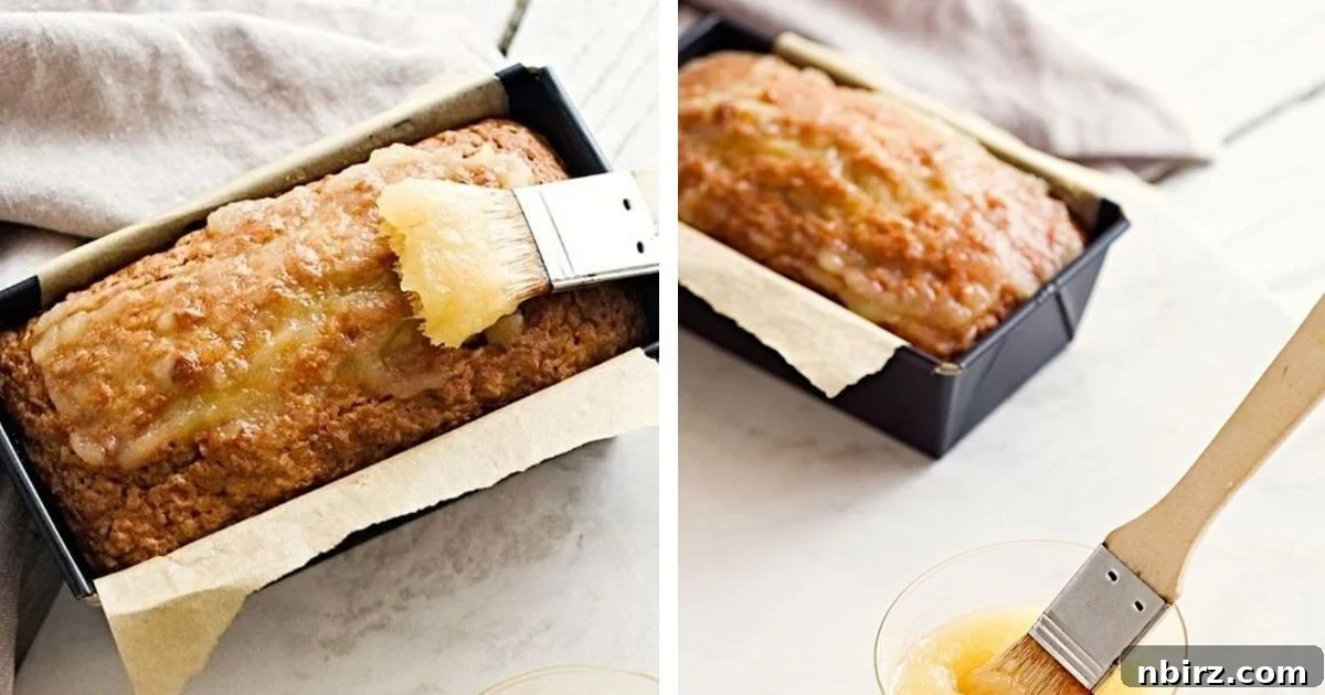Healthy Oil Free Gluten Free Applesauce Oatmeal Bread 4 Warm applesauce oat bread being brushed with an applesauce glaze
