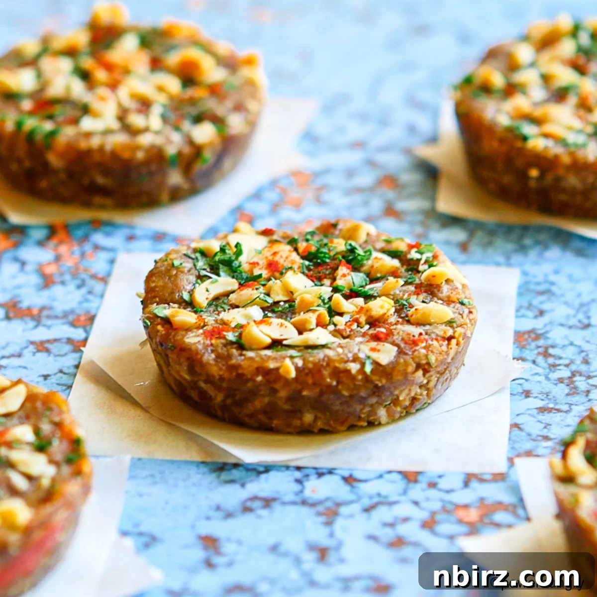 Umami Thai Protein Power Bites 2 Delicious savory Thai protein bars arranged on a blue surface, ready to be enjoyed as a healthy snack.