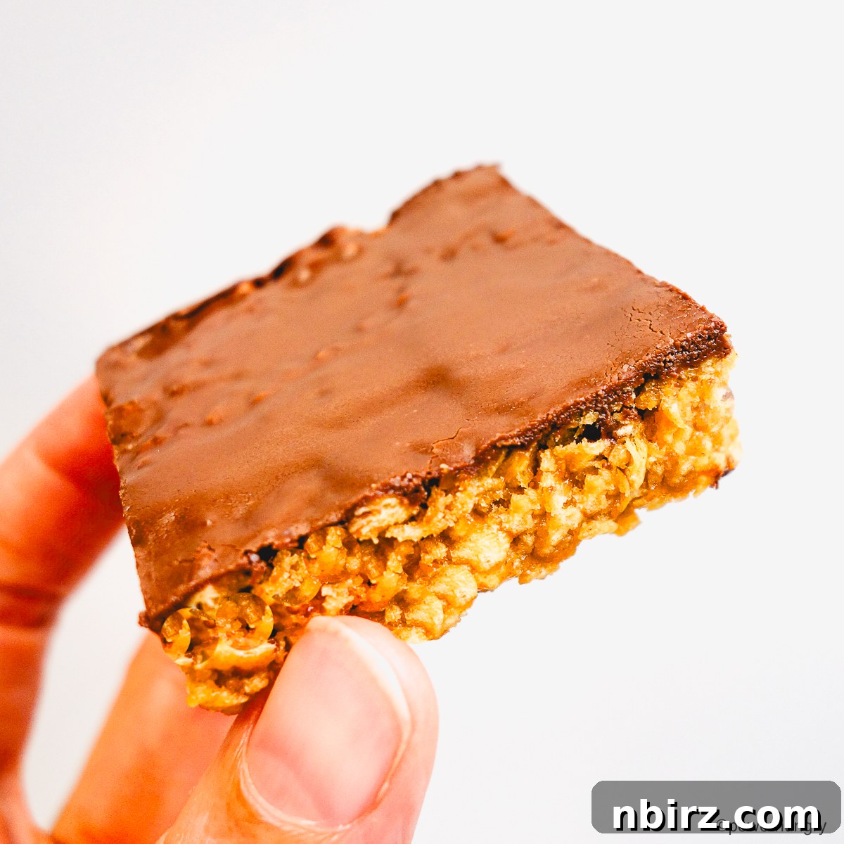 TVP Protein Crispy Bites Grain Free Oil Free 12 A single TVP protein crispy treat held in a hand, showcasing its individual portion size and texture.