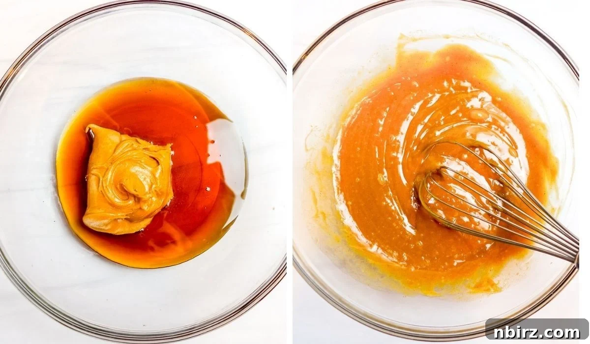 TVP Protein Crispy Bites Grain Free Oil Free 6 A two-photo collage showing the process of melting peanut butter and maple syrup together in a bowl.