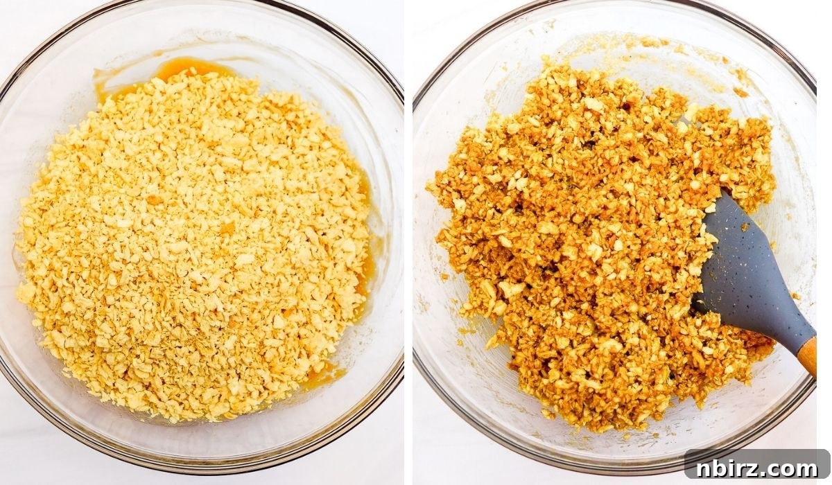 TVP Protein Crispy Bites Grain Free Oil Free 7 A two-photo collage illustrating the blending of dry TVP into the warm peanut butter and maple syrup mixture.