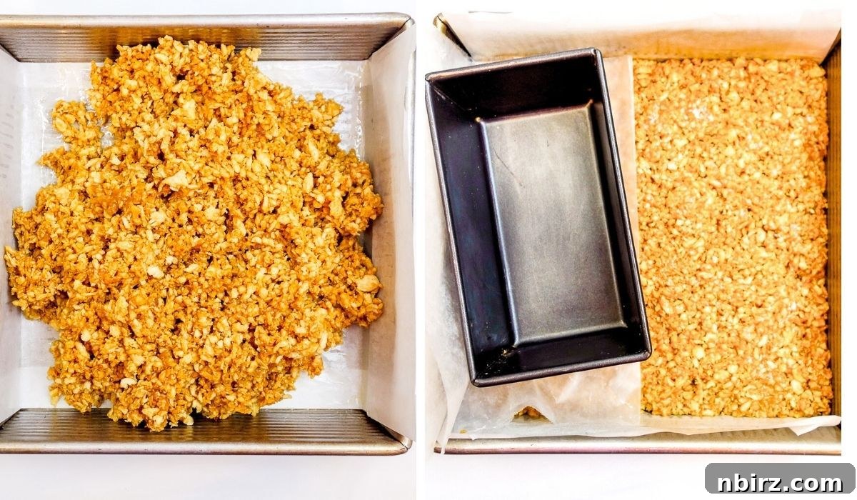 TVP Protein Crispy Bites Grain Free Oil Free 8 A two-photo collage depicting the process of spreading and firmly tamping TVP bars into a square baking pan.
