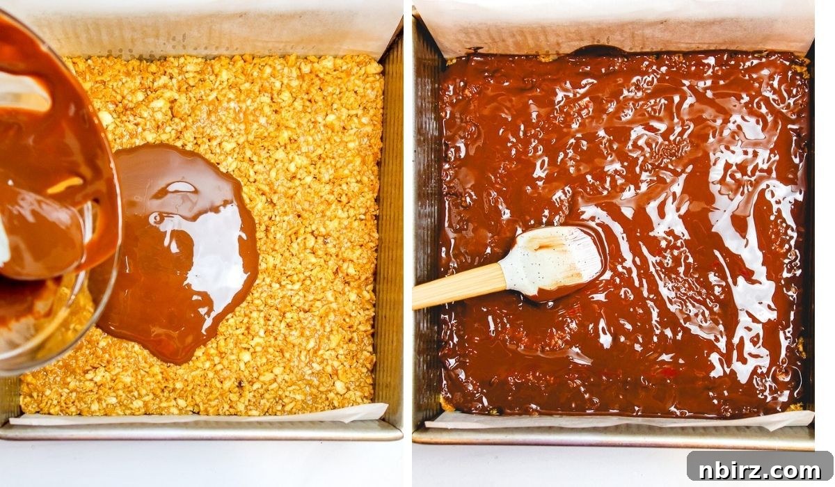 TVP Protein Crispy Bites Grain Free Oil Free 9 A two-photo collage demonstrating melted chocolate being spread smoothly over the TVP protein bars.