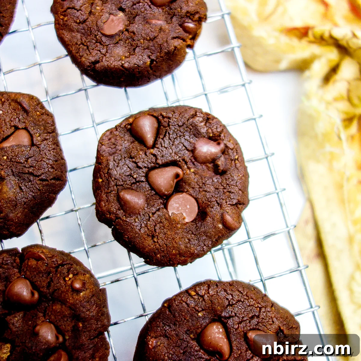 Decadent Vegan Gluten Free Chocolate Peanut Butter Chickpea Cookies 2 Freshly baked chocolate peanut butter chickpea flour cookies cooling on a wire rack