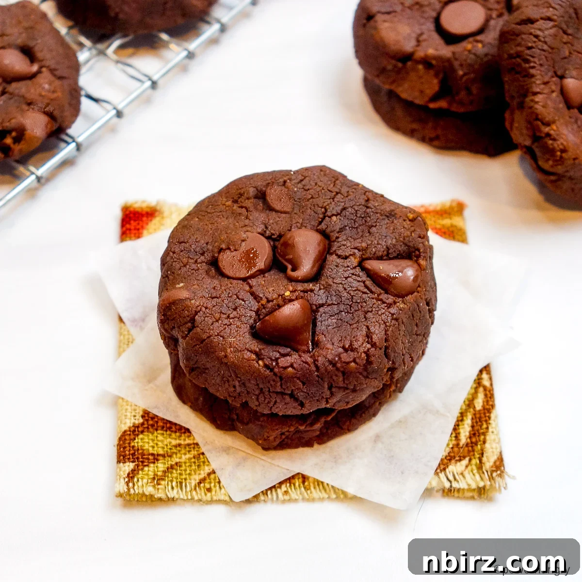 Decadent Vegan Gluten Free Chocolate Peanut Butter Chickpea Cookies 11 A stack of two perfectly baked chocolate peanut butter chickpea flour cookies