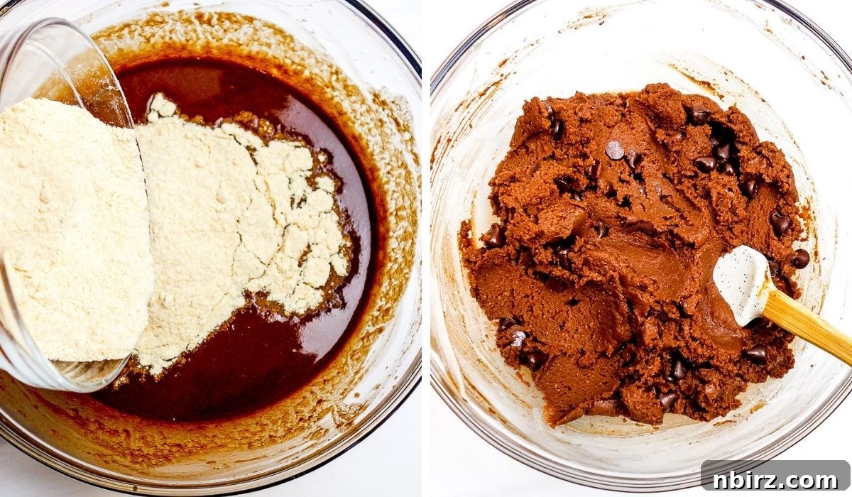 Decadent Vegan Gluten Free Chocolate Peanut Butter Chickpea Cookies 6 Chickpea flour being added to the chocolate cookie dough in a glass bowl