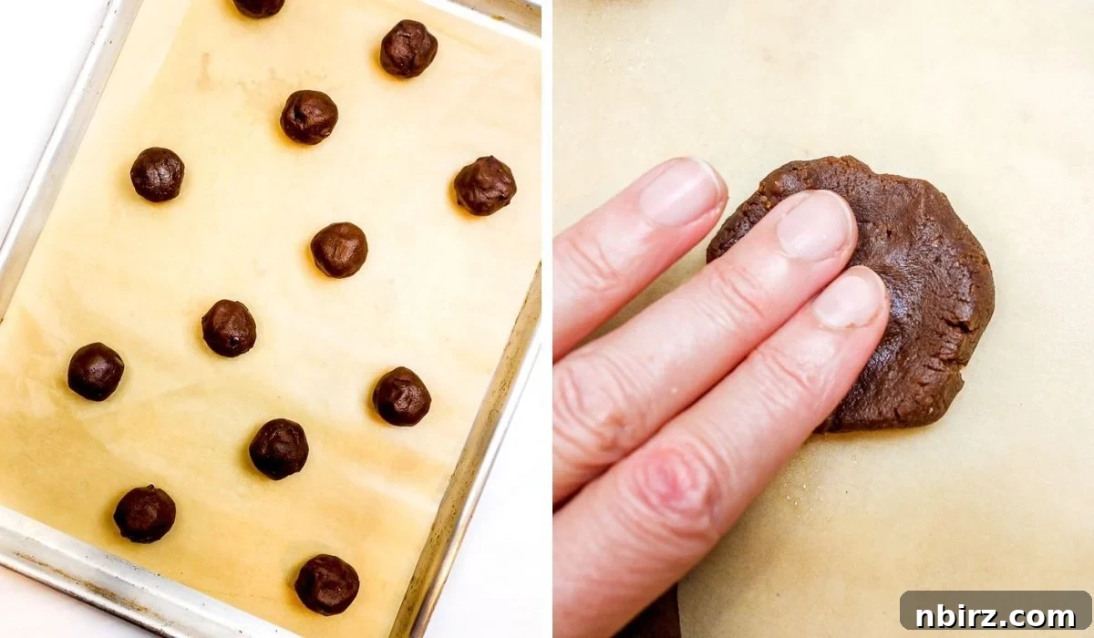 Decadent Vegan Gluten Free Chocolate Peanut Butter Chickpea Cookies 7 A two-photo collage showing the process of portioning chickpea flour cookie dough onto a baking sheet