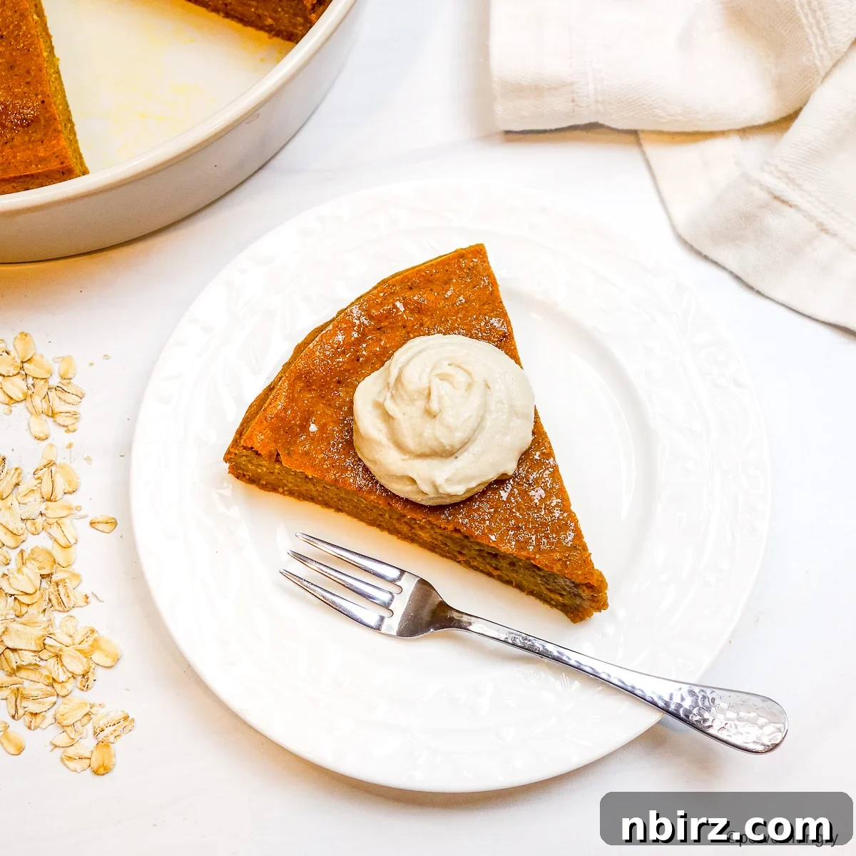 Impossibly Easy Vegan Oat Pumpkin Pie Gluten Free Oil Free Treat 6 oat pumpkin pie on a white plate