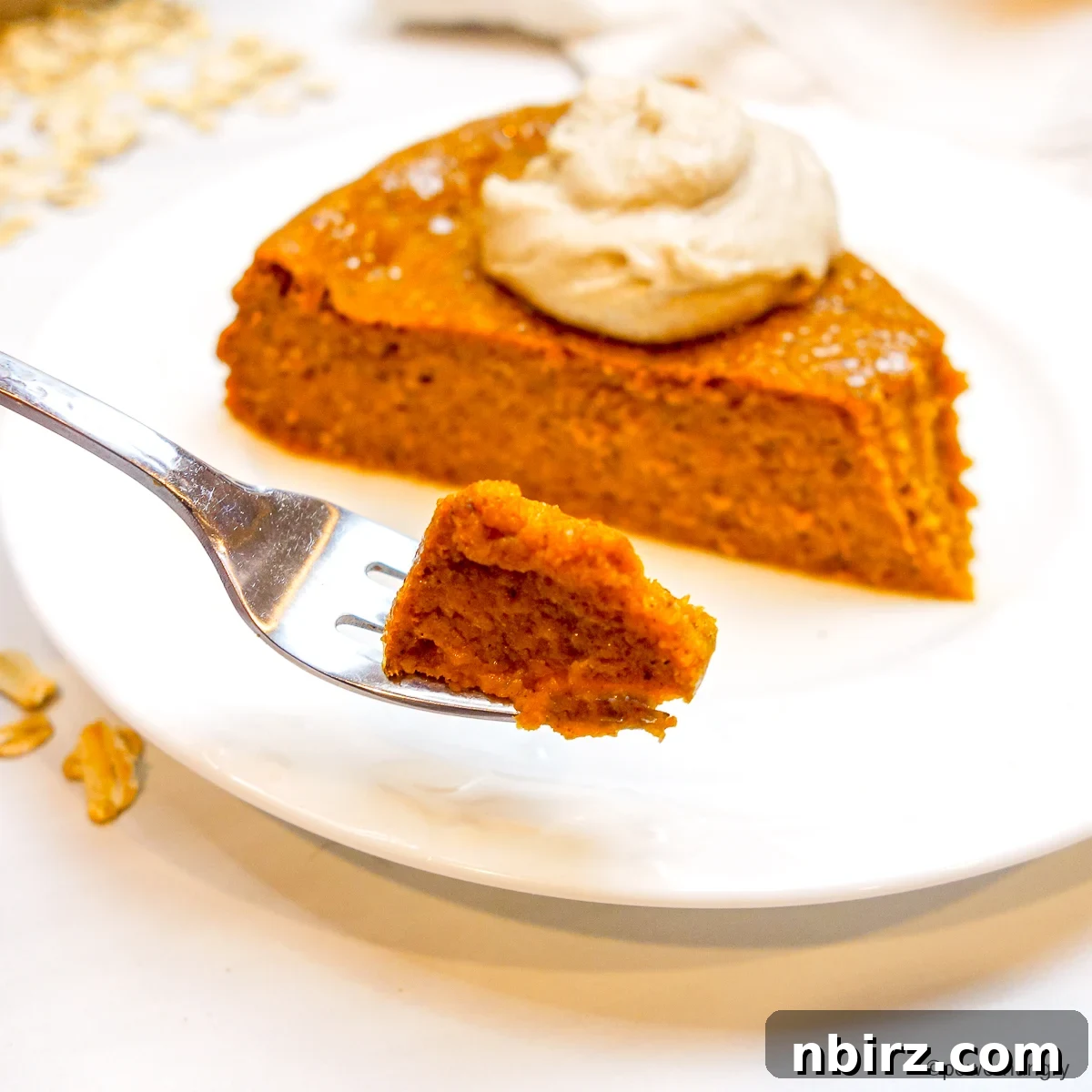 Impossibly Easy Vegan Oat Pumpkin Pie Gluten Free Oil Free Treat 7 oat pumpkin pie, with a morsel of pie on a silver fork