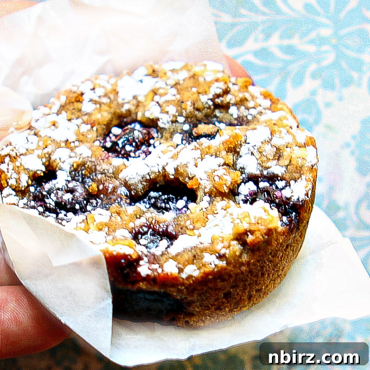 A vegan gluten-free banana blueberry breakfast cookie held delicately in a piece of parchment paper, highlighting its soft texture and embedded blueberries.