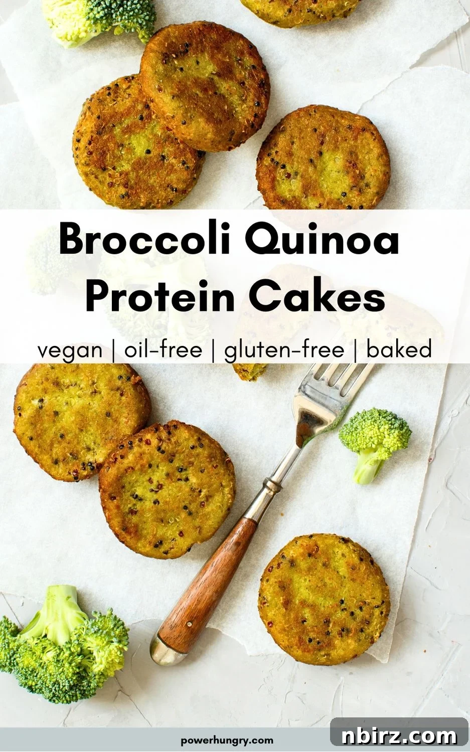 Nourishing Broccoli Quinoa Protein Patties 5 Appetizing baked broccoli quinoa protein cakes artfully arranged on parchment paper, beautifully garnished with fresh herbs, highlighting their wholesome appeal.